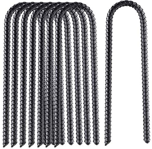 VASGOR 16” Extra Heavy Duty Trampoline Anchor Rebar Stakes U Shape, 1/2 Diameter Black Powder Coated Rebar Steel - Set of 8 Ground Anchors for Camping Tent - Garden Staples – Sharp End