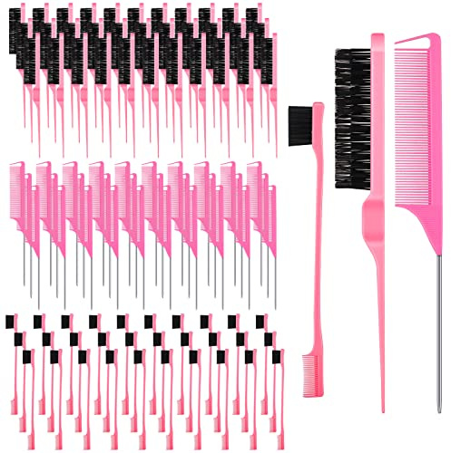 90 Piece Hair Styling Set: 30 Teasing Brushes, 30 Rat Tail Combs, 30 Edge Brushes for Women, Babies, and Kids - Pink