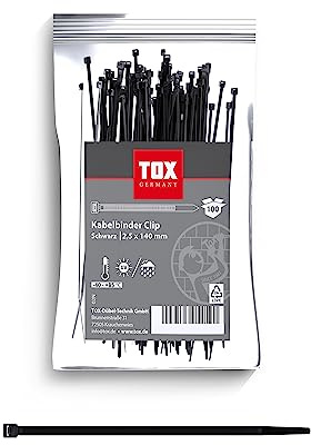 TOX Kabelbinder Clip, Schwarz, UV-beständig, universell einsetzbar im Innen- und Außenbereich, zur sicheren Befestigung im Haus, Büro und Garten, Größe 2,5 x 140 mm, 100 Stück, 099600021