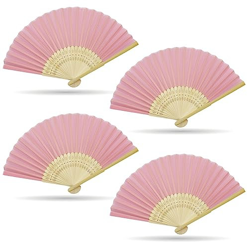 Grantop 4 abanicos de seda para bodas, juego de decoración, abanicos de mano de color rosa, tela de bambú, costillas chinas, ventilador plegable vintage para hombres y mujeres