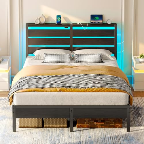 Rolanstar 5ft King Size Bed Frame with LED Lights, 150x200cm Wood & Metal Bed with Headboard Storage Shelf, Integrated USB & Type-C Charging Station, Under-Bed Storage, Black