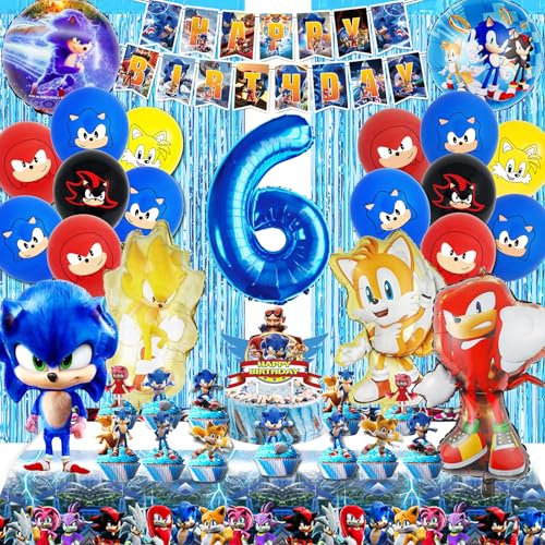 POVALLOV Soni Geburtstagsdeko 6 jahre, Ballon Party Dekoration, Tortenaufleger, Regenvorhang, Geburtstagsdeko Blau, Deko Geburtstag Kinder Set, 52 Stück Birthday Decoration