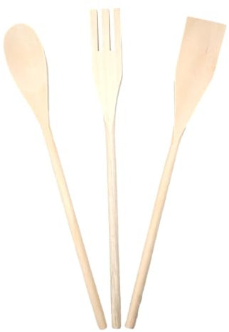 3x Utensili per Cucinare in Legno di Faggio – Set Cucchiaio Paletta Forchetta da Cucina, per Arrostire e Cuocere al Forno – 30,5 cm Design in un Unico Pezzo – Accessori Antigraffio – Mestolo