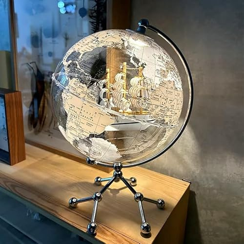 Illuminated World Globe with Sailing Ship Design, Decorative Desktop Globe with Metal Stand