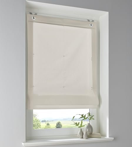 Raffrollo Stig aus 100% Baumwolle in Natur einfarbig, Blickdicht, Montage ohne Bohren, mit Fensterhaken, Breite 60 x Höhe 140 cm
