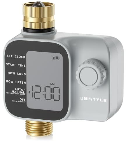 Unistyle Bewässerungscomputer, Bewässerungsuhr mit Einlass und Auslass aus Industriemessing, Leicht einzurichten, Automatische/Manuell/Verzögerungsmodus für bewässerung, Zeitschaltuhr Wasser Garten