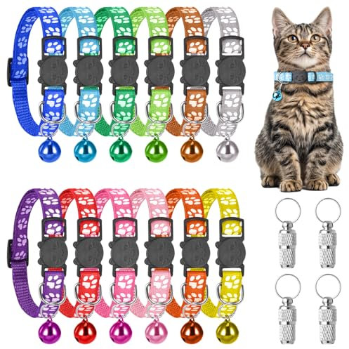 12Stk Verstellbare Katzenhalsbänder – Bunte Halsbänder mit Glöckchen, Schnelles Öffnen mit 4 Namensschildern, Sicherheitsverschluss für Kleine Hunde Und Katzen