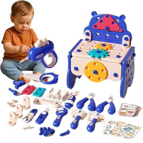82PCS DIYative Tool Hub DIY Montessori Tool Box Set, DIY Boîte à outils Montessori, Jouet en Bois Outil pour Enfant avec perceuse électrique, Jeu de Construction Educatif pour Garcon Fille (Blue)