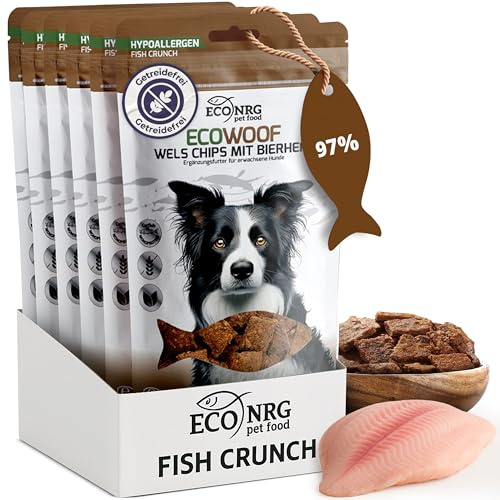 ECO WOOF snack per cani naturali | Strisce da masticare al pesce gatto con lievito di birra | 6×125g | Monoproteico | Senza cereali | Con Omega-3 | Per digestione e flora intestinale