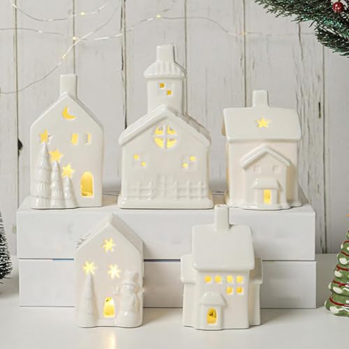 Decoraciones navideñas, decoraciones navideñas para interiores, pueblo de Navidad, casas de cerámica iluminadas, Navidad blanca, vacaciones, casa de campo, decoración rústica para el hogar, mesa