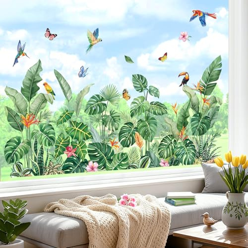 decalmile Spring Summer Tropical Leaves Double Sided Window Clings Green Plants Palm Leaf Anti-Collision Glass Doors Window Stickers Decals