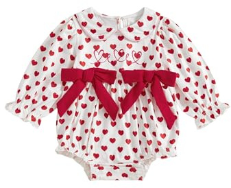 SANSIWU Newborn Baby Girl Valentines Outfit Cute Heart Print Bow Smocked Bubble Romper Long Sleeve Doll Collar Jumpsuit (A-Red, 0-3 Months)