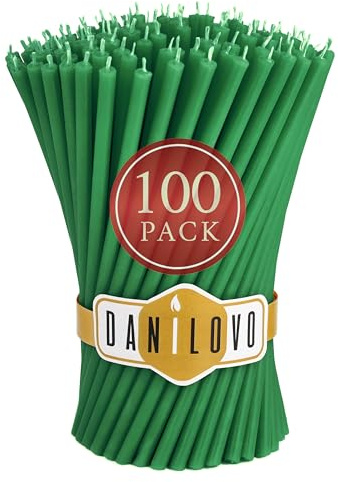 Danilovo - Candele in Cera d'Api, 100 Pezzi, Colore Verde, Candele Decorative per Preghiera, per Rituali, Decorazione o Candele di Compleanno, 18,5 cm x 0,61 cm