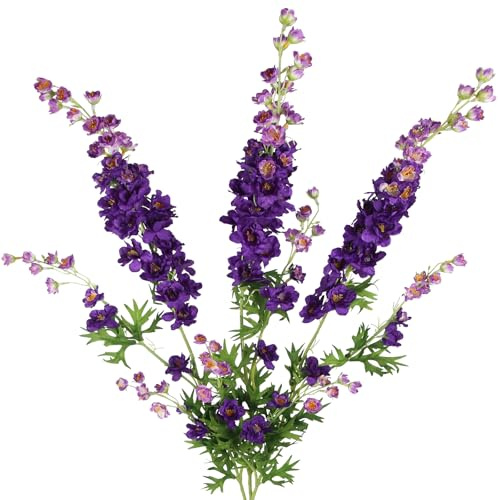 CEWUDA 3 Pcs Delphinium Artificial Flowers Bulk 35 Long Stem Silk Larkspur Flowers Artificial Snapdragon Flower Stems Purple Faux Bouquet for Tall Vase Floral Arrangements Home Outdoor Wedding Decor