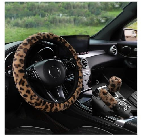 rattskydd 3 Set Vinterplyschtryckt Leopardmönster Rattskydd Utan Ram Handbromsskydd, Växelspaksskydd Biltillbehör(Brown)