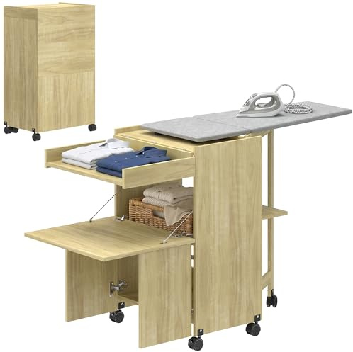 HOMCOM Mobile Asse da Stiro Pieghevole con Ruote 154x55x87 cm Color Legno