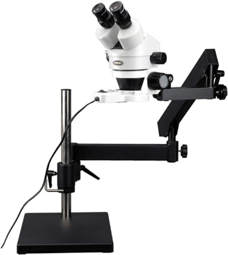 AmScope SM-7BZ-144S Professional Binocular Stereo Zoom Microscope, WH10x Eyepieces, 3.5X-90X Magnification, 0.7X-4.5X Zoom Objective, 144-Bulb LED Ring Light, Articulating-Arm Boom Stand, 110V-240V, Includes 0.5X and 2.0X Barlow Lenses