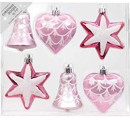 MAGIC 6 STK. Weihnachtskugeln Kunststoff 9cm Formen-Sortiment Glocke Herz und Stern Christbaumschmuck Weihnachtsdeko Weihnachtsschmuck Rosa-Mix (rosa - Hellrosa)