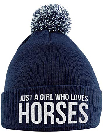 Just A Girl Who Loves Horses Bobble Hat - Ridhatt - Ridsport Tillbehör - Hästgåvor för flickor - Hästälskande flickor - Vinterpom-pom-mössor för flickor - Ridning presenter kvinnor, Marinblått Xsp, en