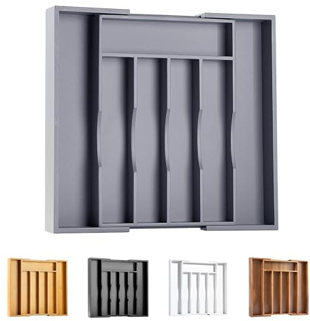 Kitchen Silverware Drawer Organizer and Storage Bamboo Wood Cooking Utensil Holder Cutlery Knife Jewelry Spice Rack Spoon Fork Multi Cabinet Organization Bathroom Counter Expandable Adjustable Tray
