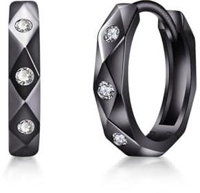 Immobird Boucles d'oreilles pour Homme en Argent 925 Boucles d'oreilles Femme Creoles Petite Noir Diamètre:14mm (B)
