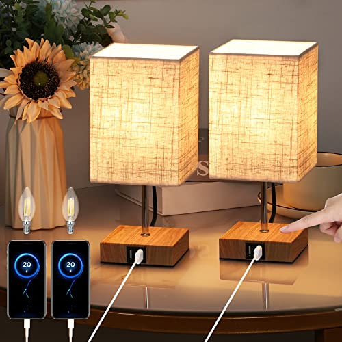 Lightess 2 Piezas Lámparas de mesa USB Touch Regulables Modernas con Base de Madera Lámpara de Noche Retro Pantalla de Tela con Bombilla E14 Blanco Cálido Para Sala de Estar Dormitorio Mesa, Beige