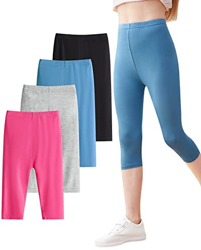 Domee Mädchen Capri Leggings 3/4 Hosen Sommerhose 4er-Pack Schwarz & Grau & Rosenrot & Marineblau 6-7 Jahre (Herstellergröße 130)