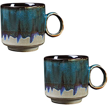 KEEMEN Lot de 2 tasses à café en céramique faites à la main avec poignée pour latte, lait, cappuccino et boissons - 150 ml - Bleu