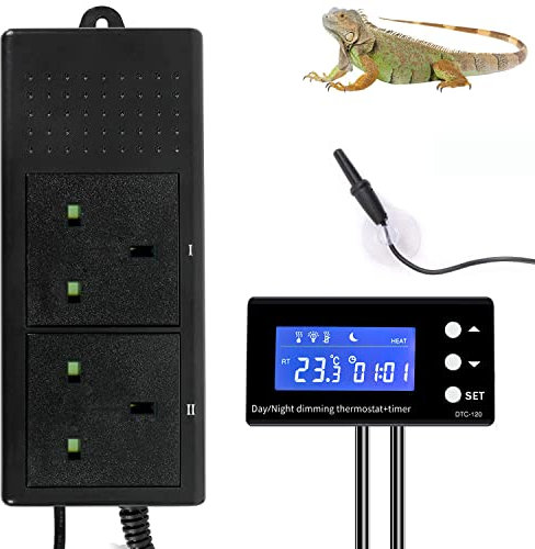 XIEHUZA Digital Dimming Thermostat, Day & Night Timer Reptile Temperature Controller, PID Dimmer Thermostat Socket for Incubation, Heat Lamp, Terrarium, Aquarium with Waterproof Sensor Probe