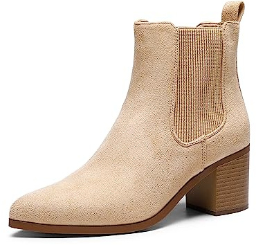 DREAM PAIRS Women's Faux Leather Suede Ankle Boots, Pointed Toe, Low Chunky Block Heel, Elastic Pull-On, Anti-Slip Outsole, Retro Design for Work, Casual, Night Out, Size 6.5,Nude-Suede,SDAB2314W