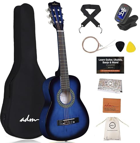 ADM Chitarra da concerto 1/4 per bambini con accordatore a pinza, custodia, tracolla, corde e plettri aggiuntivi, colore: blu