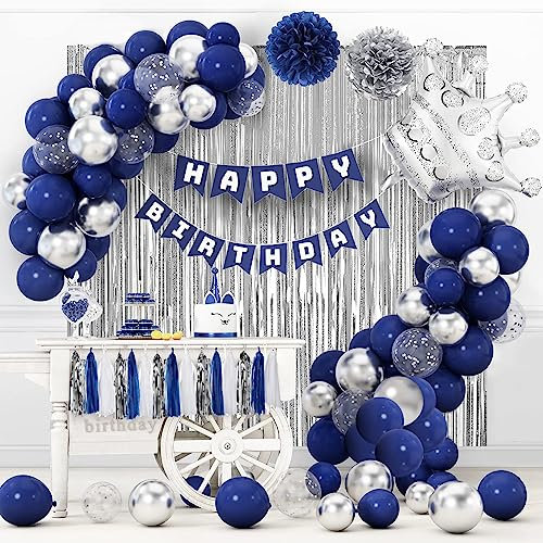Blau Silber Geburtstagsdeko für Mann, Frauen, Jungen, Mädchen - Party Dekoration Set Mit Happy Birthday Girlande, Hintergrund, Konfetti Und Luftballons