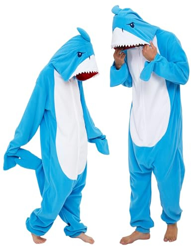 dressfan Unisex Disfraces Disfraz Tiburón Pijama Adulto,Azul Animal Monos Traje Ropa de Dormir,Cosplay Disfraces de Carnaval Halloween, Mujer Hombre,Azul,M