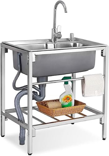 TAITUTE Lavello da cucina autoportante in acciaio inox, per ristorante, ristorante, campeggio, mobile, con rubinetto per acqua calda fredda, per garage all'aperto, 68 cm