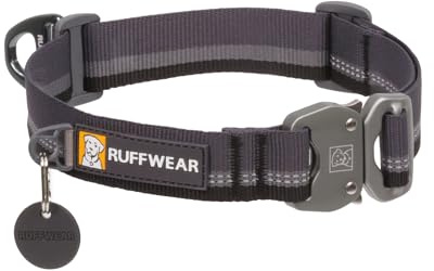 Ruffwear Top Rope Medium Dog Collar, Reflective Pet Dog Collar with Aluminum V-ring Dog Lead Attachment & Metal Buckle, Comfortable & Strong Webbing for Dog Walking, Size M (36-51cm), Basalt Grey