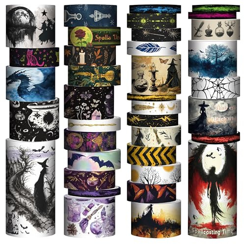 37 rullar Washi Tape Set – häxor tema dekorativ tejp färgglad maskeringstejp för scrapbooking tillbehör, gör-det-själv-hantverk, försköna bullet journals, planerare, presentdekoration förpackning