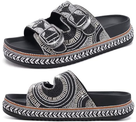 KuaiLu Womens Bling Sandals with Arch Support Orthopedic Cushion Recovery Slides Summer Fashion Sparkly Rhinestones Sandals Casual Slip On Plantar Fasciitis Slippers for Indoor& Outdoor Black Size 9