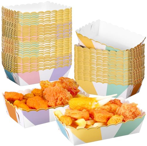 Dunzoom 60 Pcs Pastel Paper Food Trays Striped Pastel Party Decoration Birthday Supplies Disposable Food Boats Plates with Scalloped Gold Foil for Hot Dog Nacho Popcorn Snack Serving