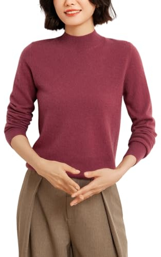 Valin Jersey de cachemira 95% para mujer, cuello alto, manga larga, jersey de punto para mujer, lana de cachemira, jersey fino relajado liso, YG902, rojo oscuro, 36