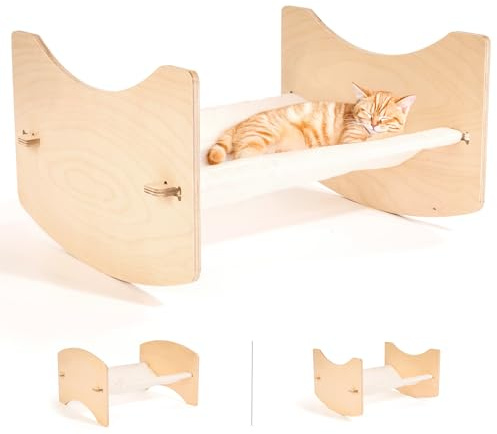 Letto per Gatti, Cuccia per Gatti, Rialzata e Comoda, Robusta Struttura in Legno, Adatta a animali adulti e Cuccioli. Cuscino in Lino Lavabile e Traspirante. Per Esterno e Interno, Misure 45 x 37 cm