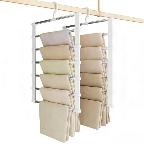 HUKUMA 2 Stück Hosenbügel Platzsparend, Hosenbügel mit 6 Ebenen Edelstahl, Praktische Hosen Kleiderbügel, Multifunktions Kleiderbügel für Hosen Schals Handtücher und Kleine Kleidungsstücke
