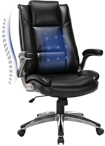 COLAMY Leather Executive Office Chair, Ergonomic Computer Chair with High Back, Spring Cushion Desk Chair for Home Office with Padded Flip-up Arm, Adjustable Tilt Lock, Black