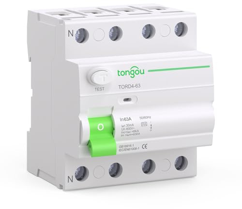 TONGOU Typ A Fi Schutzschalter 63A 30mA 3P+N 400V 6kA,Geeignet für Einfamilienhäuser, kleine Geschäftsgebäude und andere Szenarien