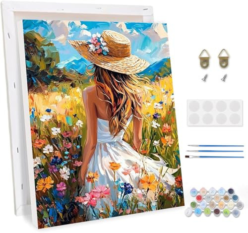 TOSTOG Pintar por Numeros Adultos con Marco,Niña Y Flores DIY Painting by Numbers Kits,Pintura de Bricolaje Sobre Lienzo con Pinceles Decoración para el Hogar Regalo de Pared 30x40cm