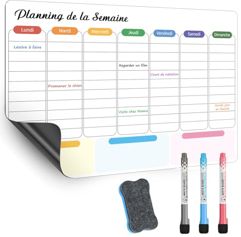 SONNELD Tableau Planning Frigo Magnétique 42x30cm – Semainier Magnétique effaçable et réutilisable – Tableau Frigo Magnétique pour menus, emploi du temps et tableau organisation famille