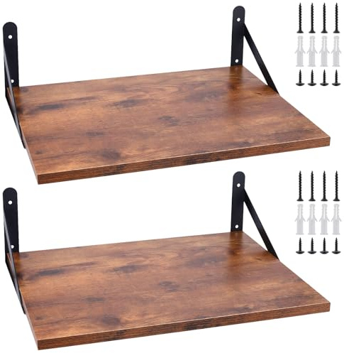 FUNSUEI Juego de 2 estantes de pared rústicos de madera, 40 x 30 cm, color marrón, para cocina, con soportes de metal, para salón, dormitorio, baño