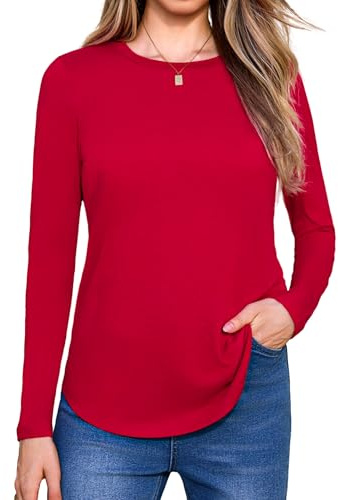Aottori Camiseta de Mujer Manga Larga Elasticidad Cómoda con Cuello Redondo | Corte Ajustado, Diseño de Capa Base, Tejido Elástico, Tejido Ligero, Estilo Casual, Estilo Elegante