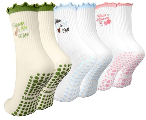 3 Paires Chaussettes Antidérapantes Femme, Coton Chaussette De Pilates et Yoga, Chaussettes Reformer Yoga, Grip Socks, Accessoires Pilate