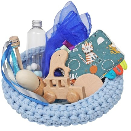 Cesto de los Tesoros Montessori para Bebés (4-18 Meses) – Juguete Sensorial Hecho a Mano con Materiales Naturales – Juego Educativo de Estimulación y Desarrollo – Regalo Bebé Original - Azul Pastel