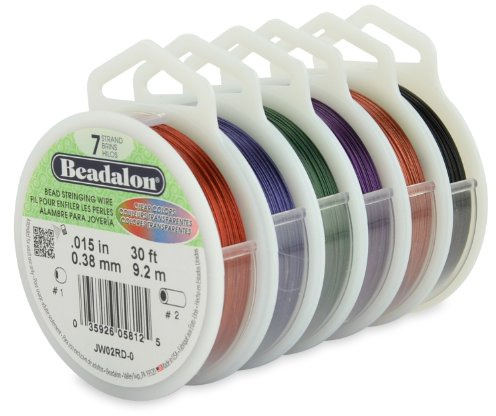 Beadalon 7 Strand Stainless Steel Bead Stringing Wire, 6-Pack, 0.015 in / 0.38 mm, Assorted Colors, 30 ft 9.2 m
